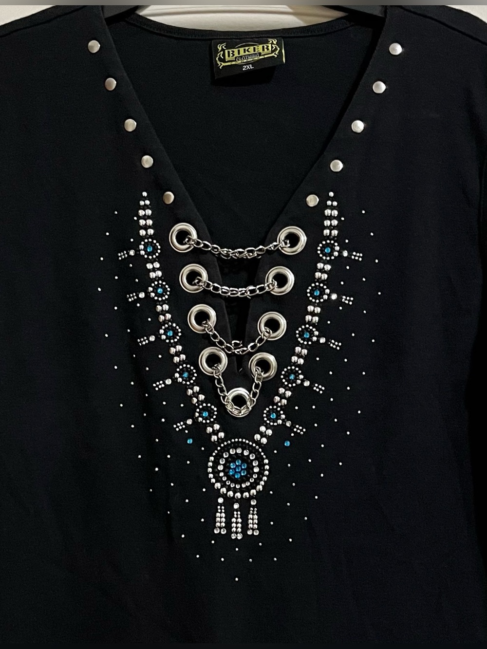 Biker Clothing Co Women’s Black Chains Rhinestones Lone Star Rally 2015 Top 2X - Picture 2 of 8